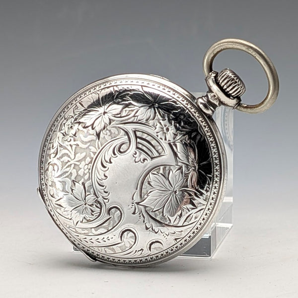 古董浪琴懷錶,約 1904 年,新藝術風格雕刻,銀色側面獵錶殼,運作良好